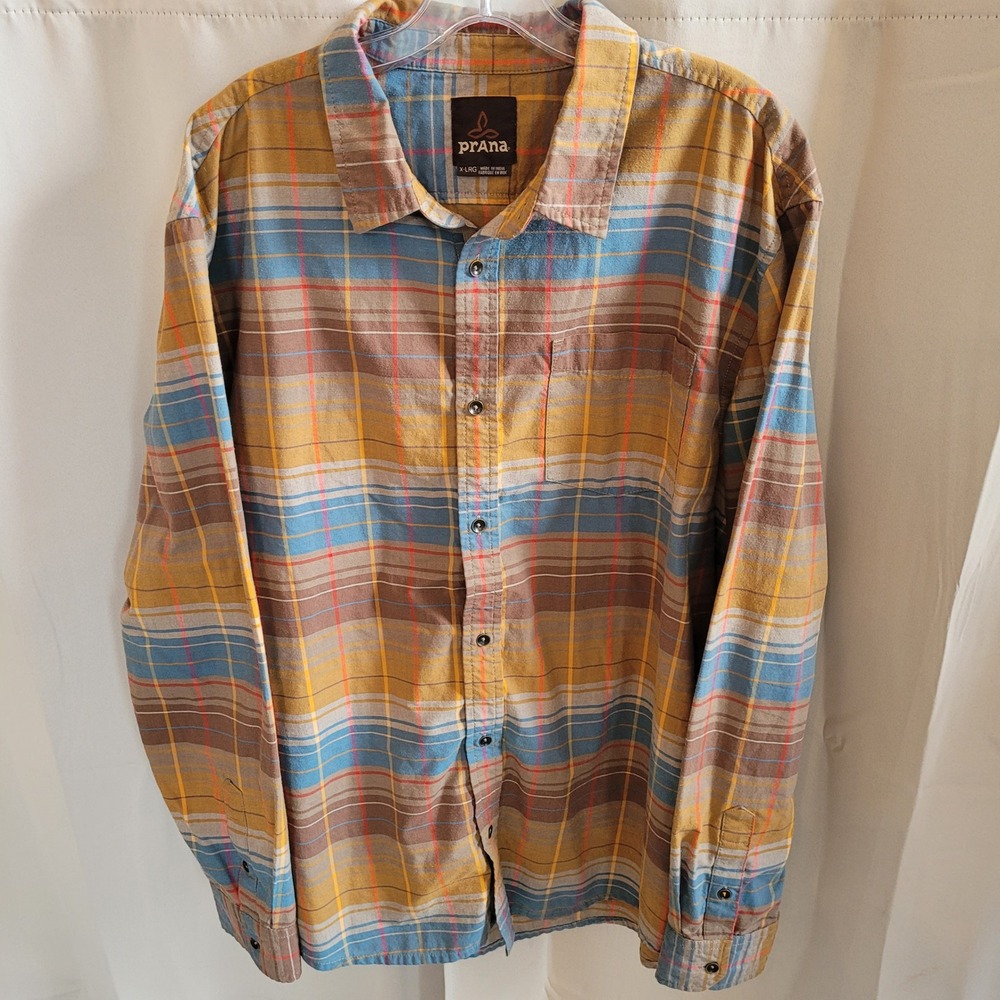 Prana Mens Button Down Shirt XL Plaid Flannel Organic Cotton Blend Hiking 21810